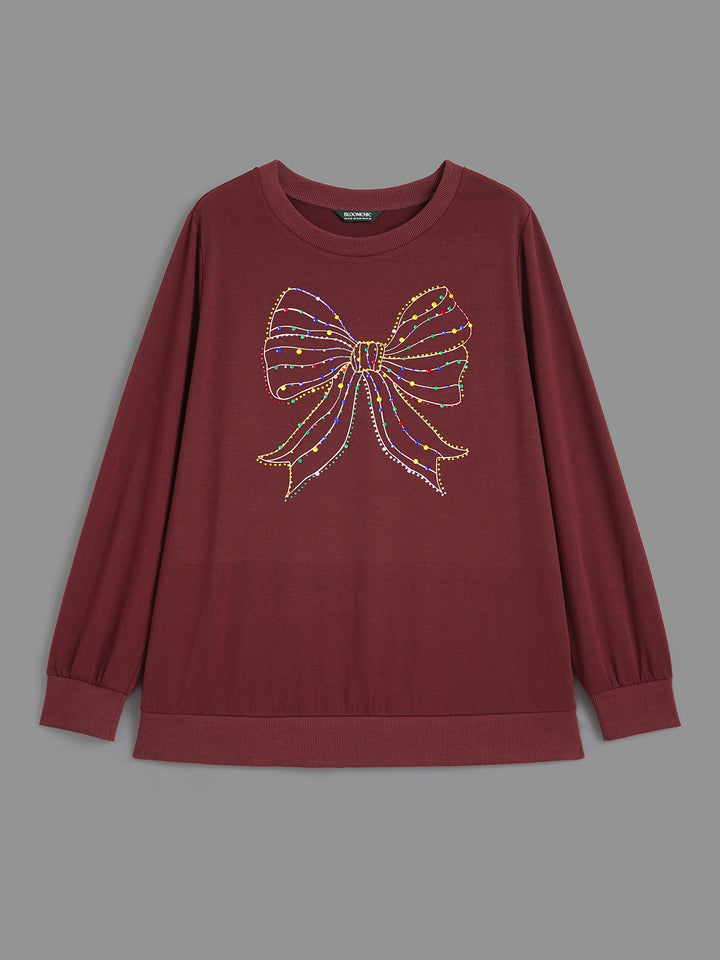 Rhinestone Embellished Bow Straight-Fit Sweatshirt