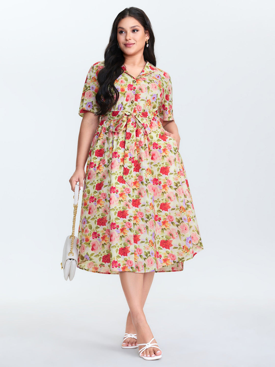 Cotton Bright Floral Belted Midi Dress