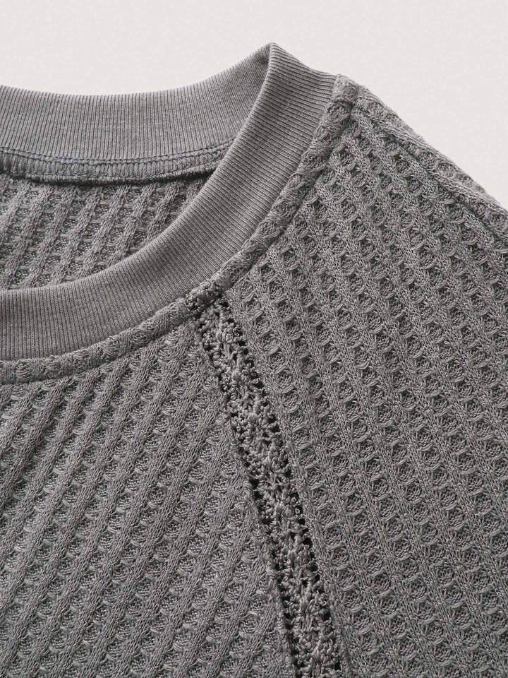 Waffle Grid Notched Collar Lace Sweatshirt