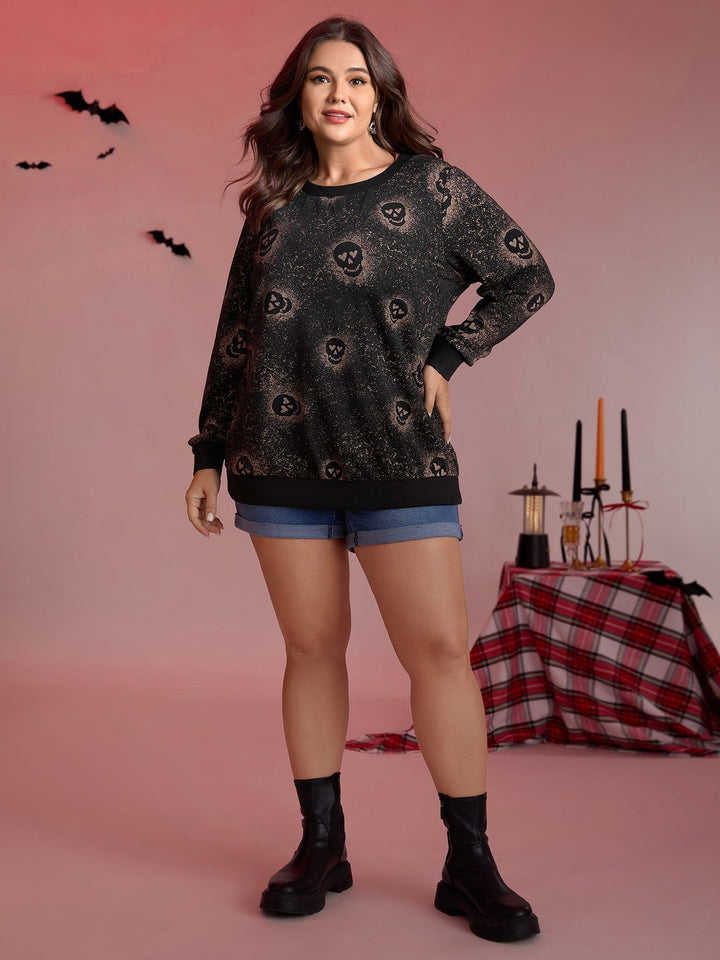 Spooky Skull Print Ribbed Hem Sweatshirt