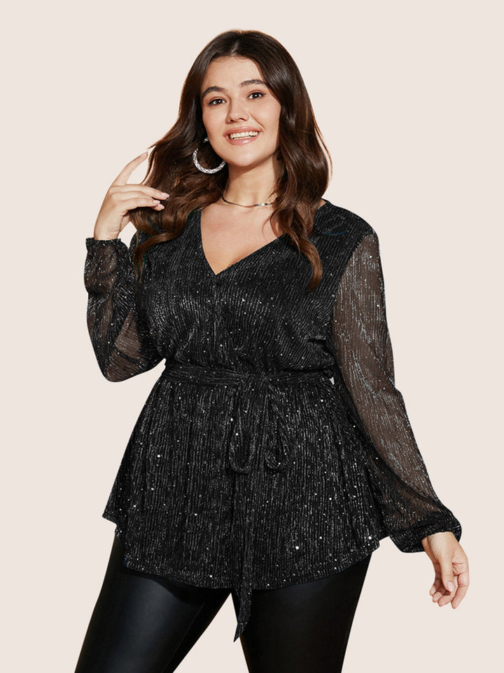 Sequin Mesh Lantern Sleeve Wrap Belted Striped Blouse