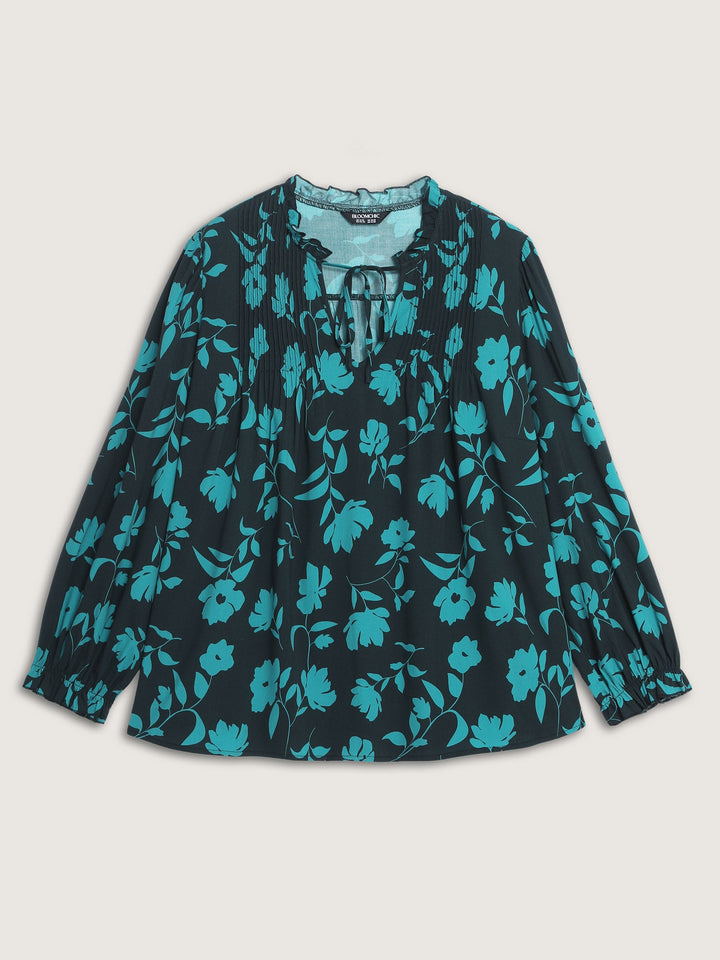 Flower Silhouette Neck-Tie Blouse