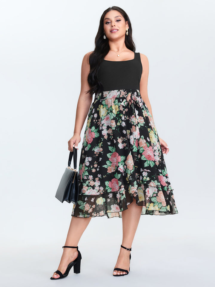 Chiffon Floral Pattern Layered Midi Dress
