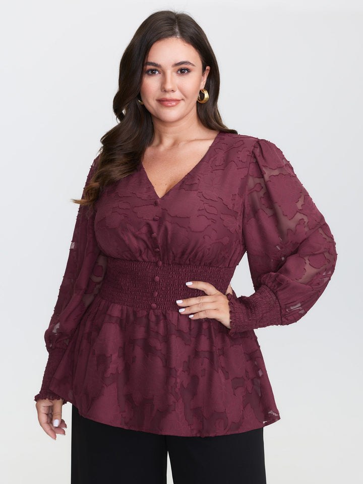 Laser Cut Shirred Waist Button Blouse