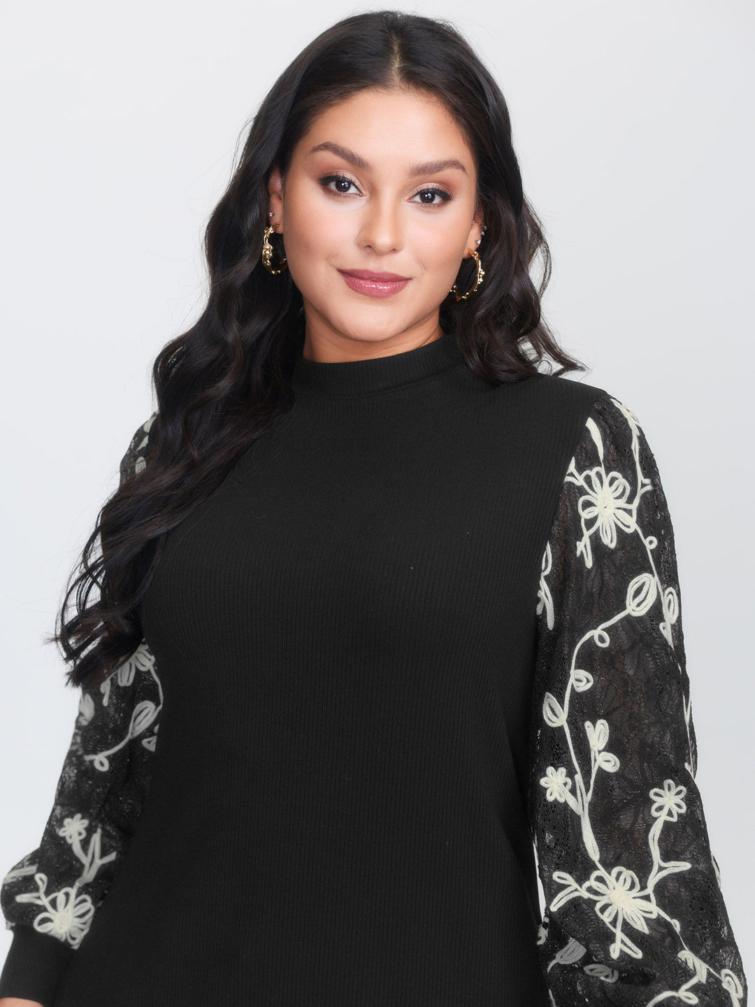 Floral Embroidered Lace Mock Neck Knit Top