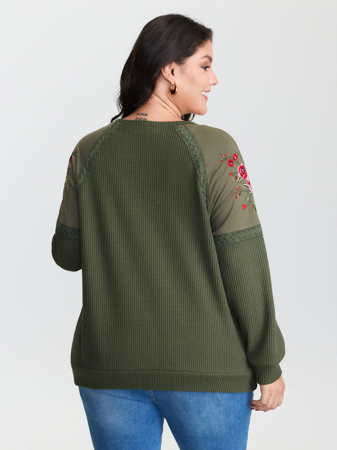 Crossstich Lace Trim Floral Embroidery Sweatshirt