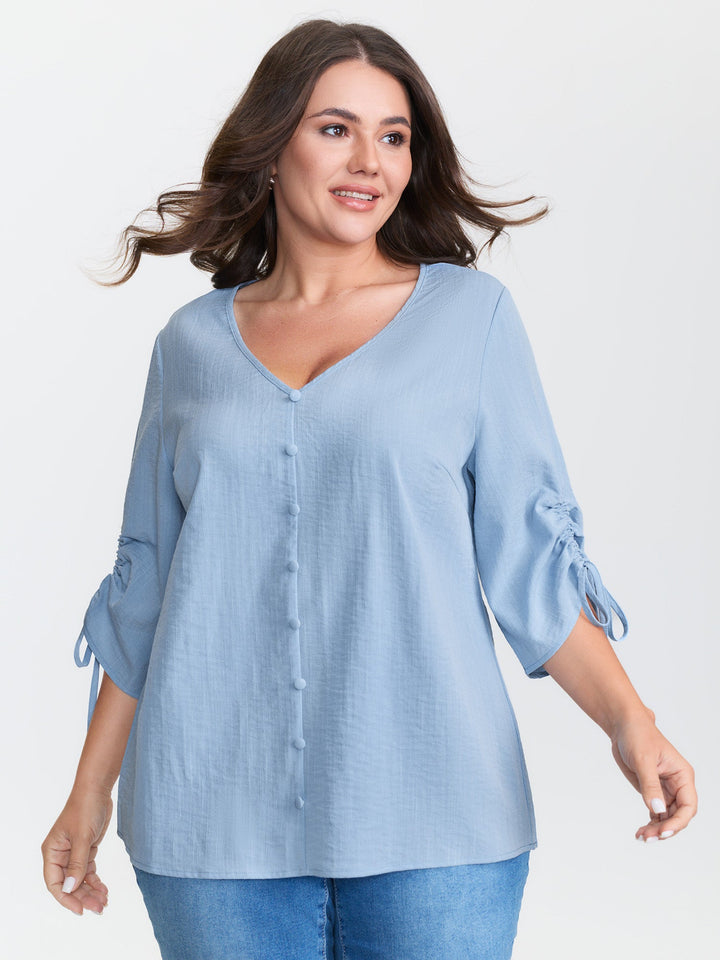 Adjustable Gathered Sleeve Button Blouse