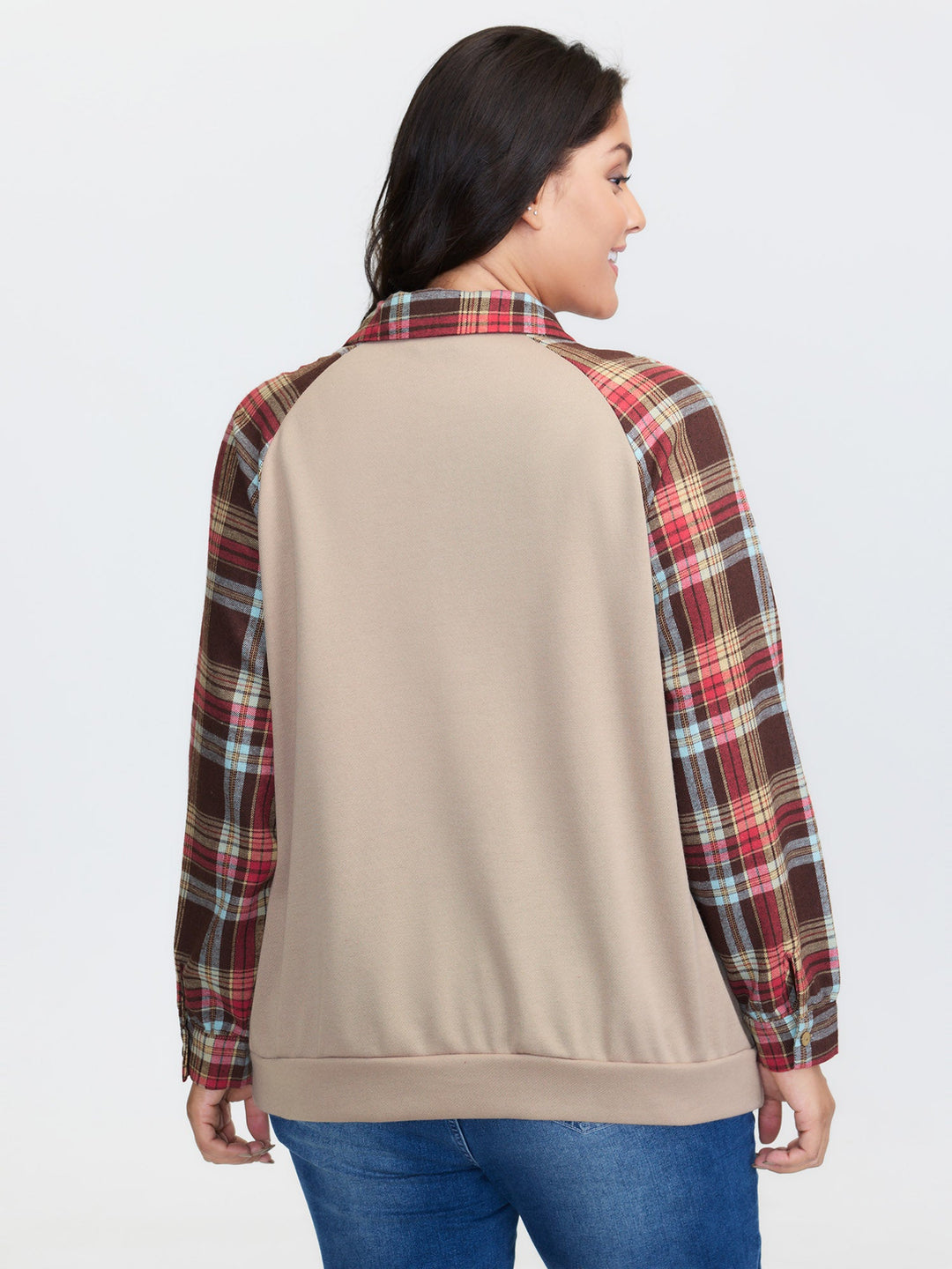 Polo Collar Plaid Contrast Half-Placket Sweatshirt