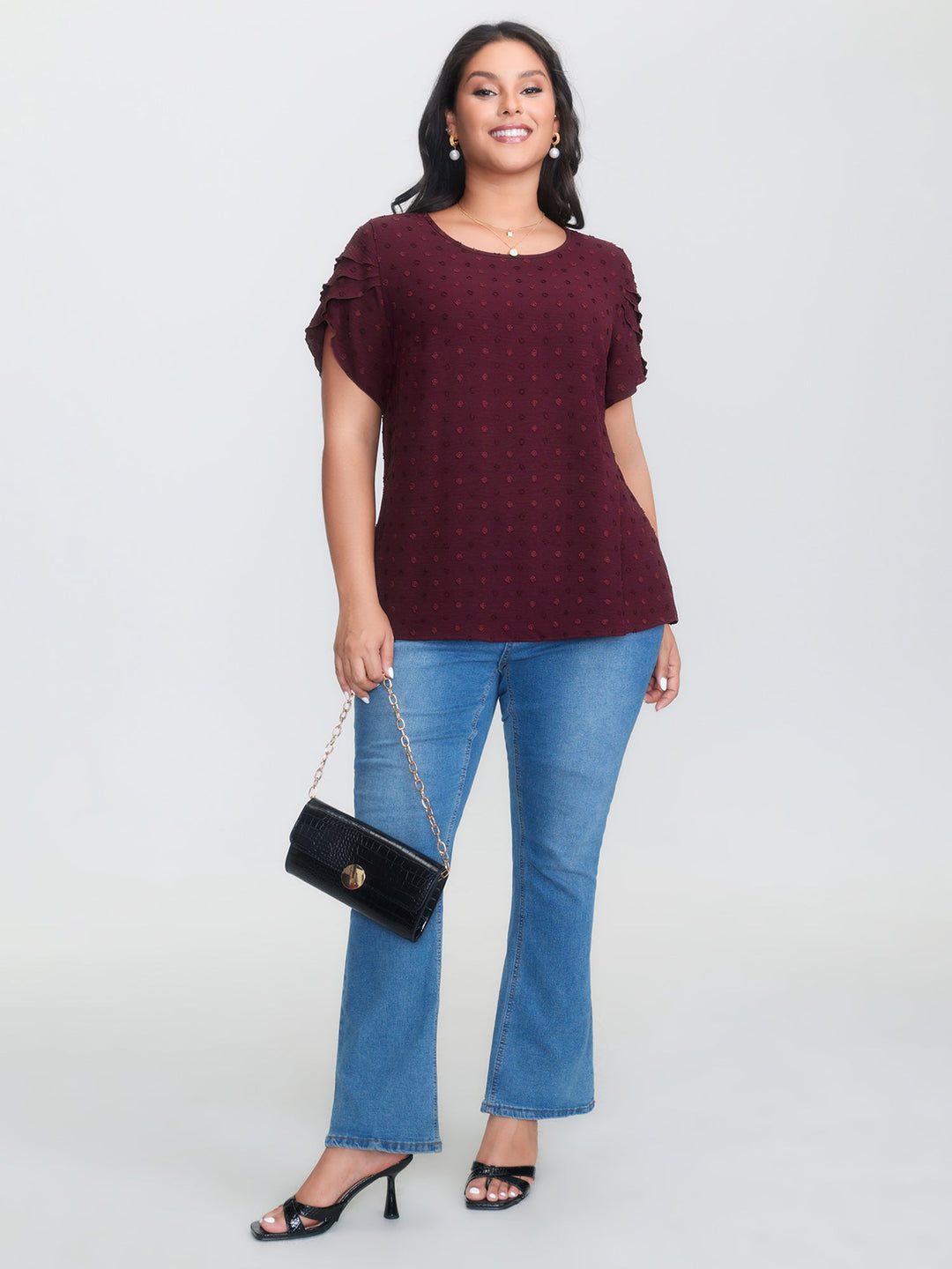 Textured Color Contrast Petal Sleeve Blouse