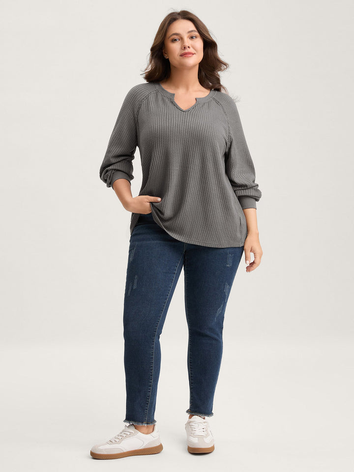 Waffle Grid Notched Collar Lace Sweatshirt