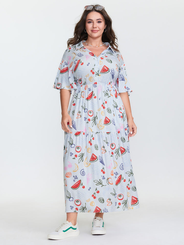 Supersoft Fruity Print Collar Tiered Maxi Dress