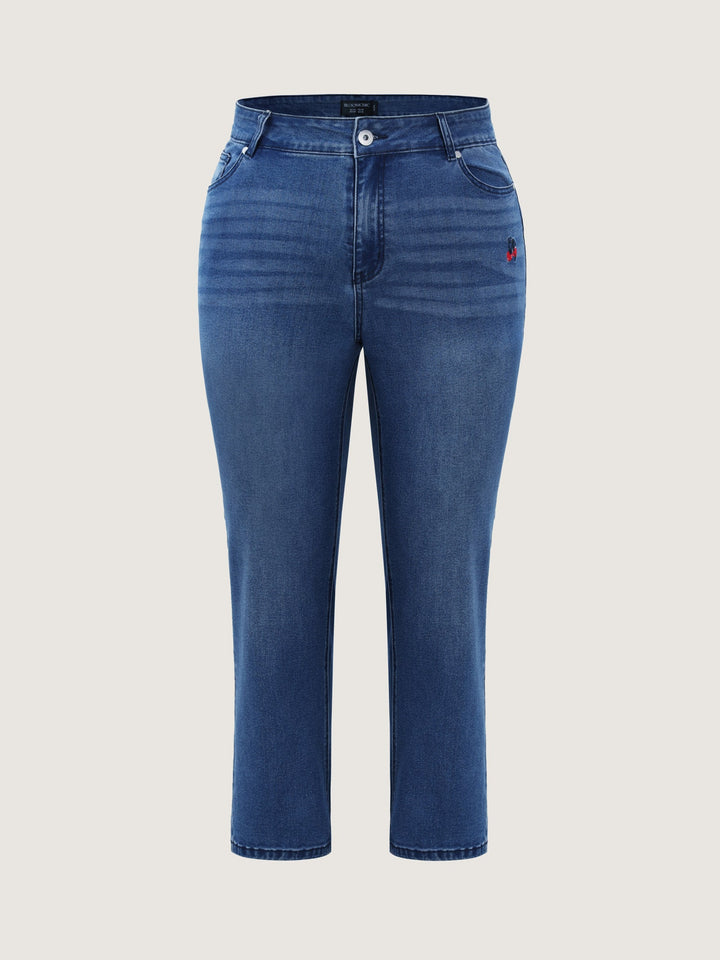 Cherry Embroidered Mid-Rise Straight Leg Jeans