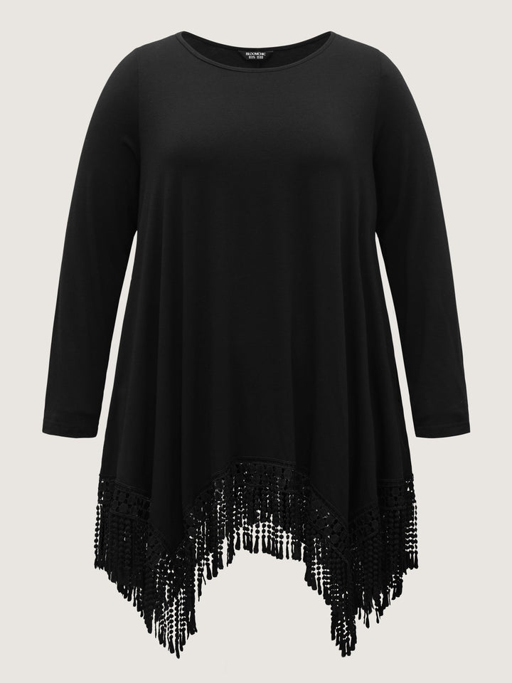 Solid Tassels Trim Pocket Asymmetrical Hem T-shirt