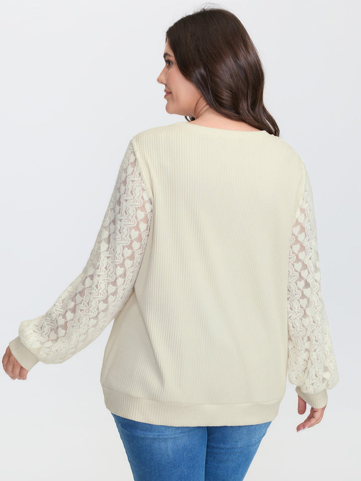 Lace Contrast Sleeve Ribbed Sweatshirt