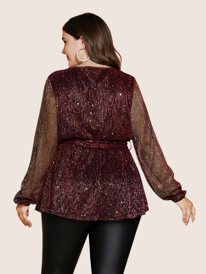 Sequin Mesh Lantern Sleeve Wrap Belted Striped Blouse