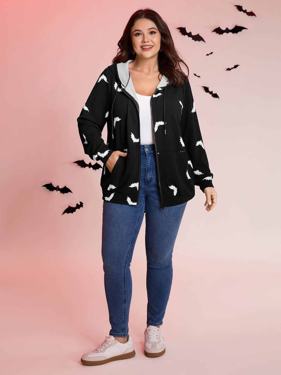 Bat Print Stretchy Textured Zipper Hoodie