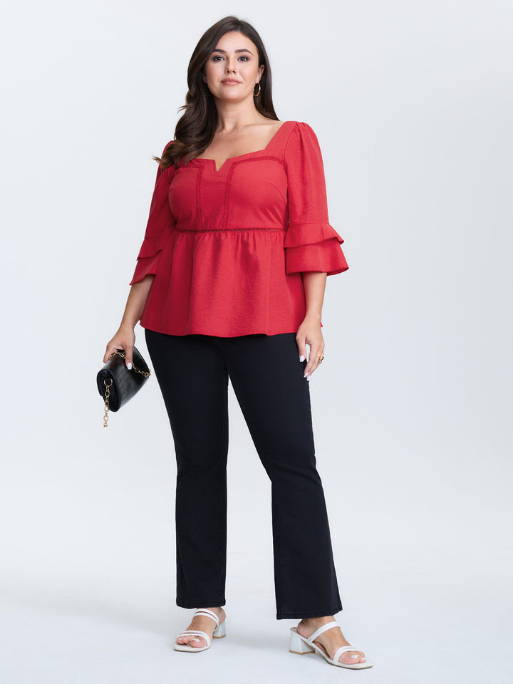 Lace Trim Shirred Back Flared Blouse