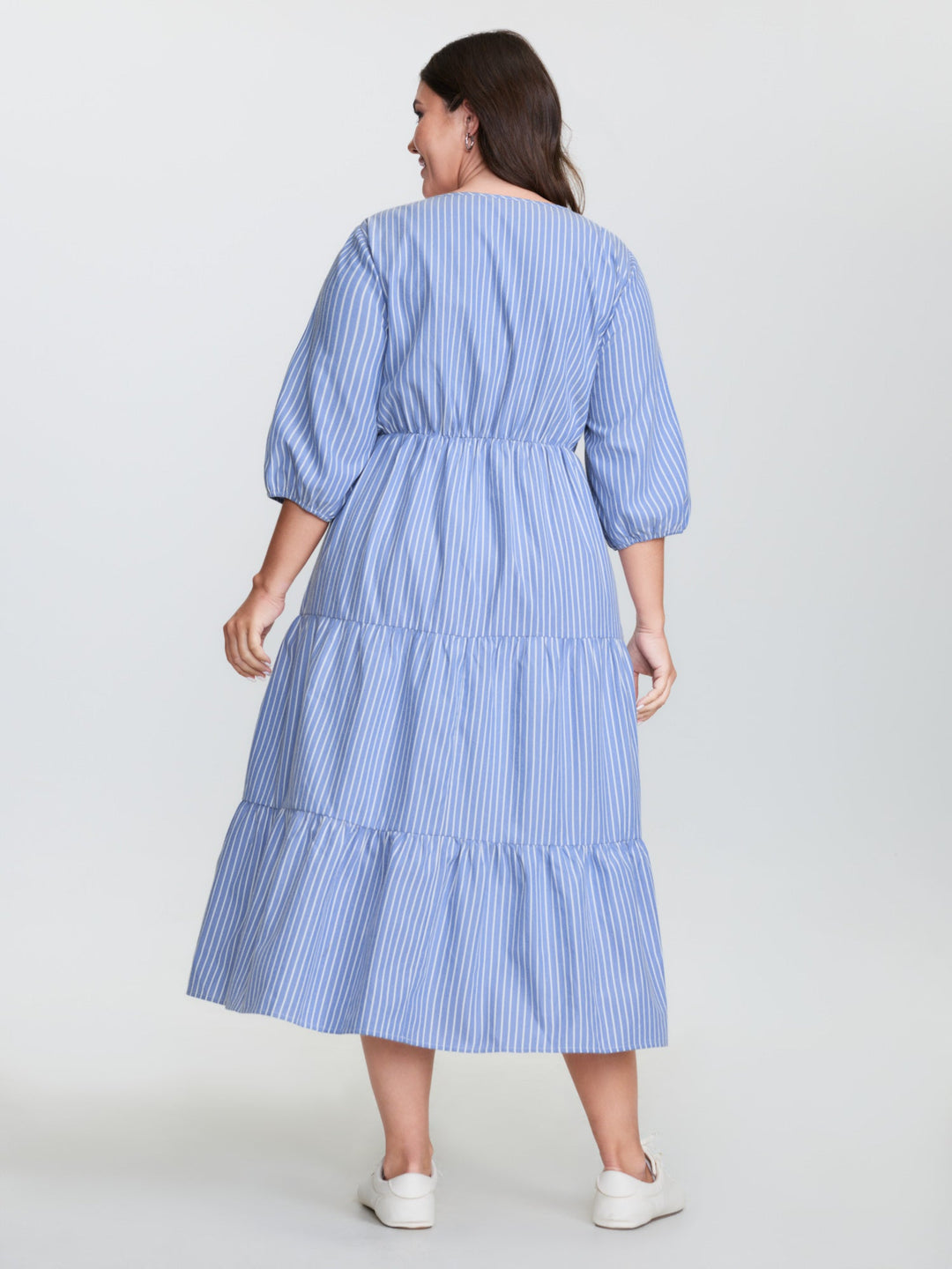 Striped Neck-Tie Tiered Midi Dress