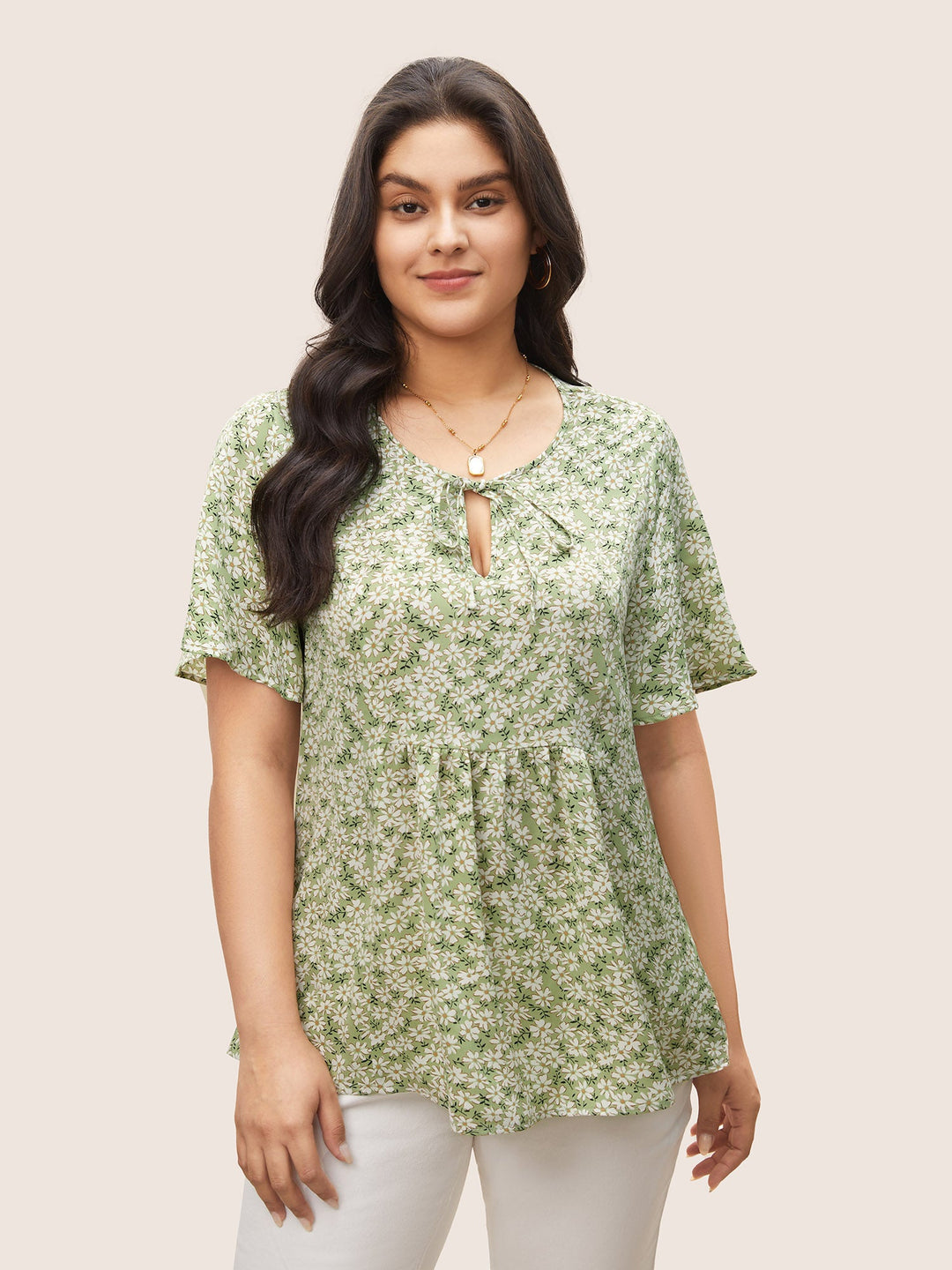 Ditsy Floral Ruffle Sleeve Gathered Ties Blouse