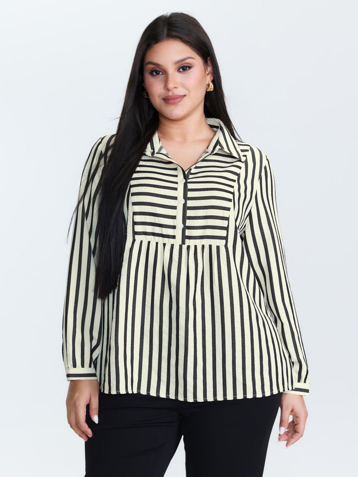 Striped Collar Textured Half-Placket Blouse