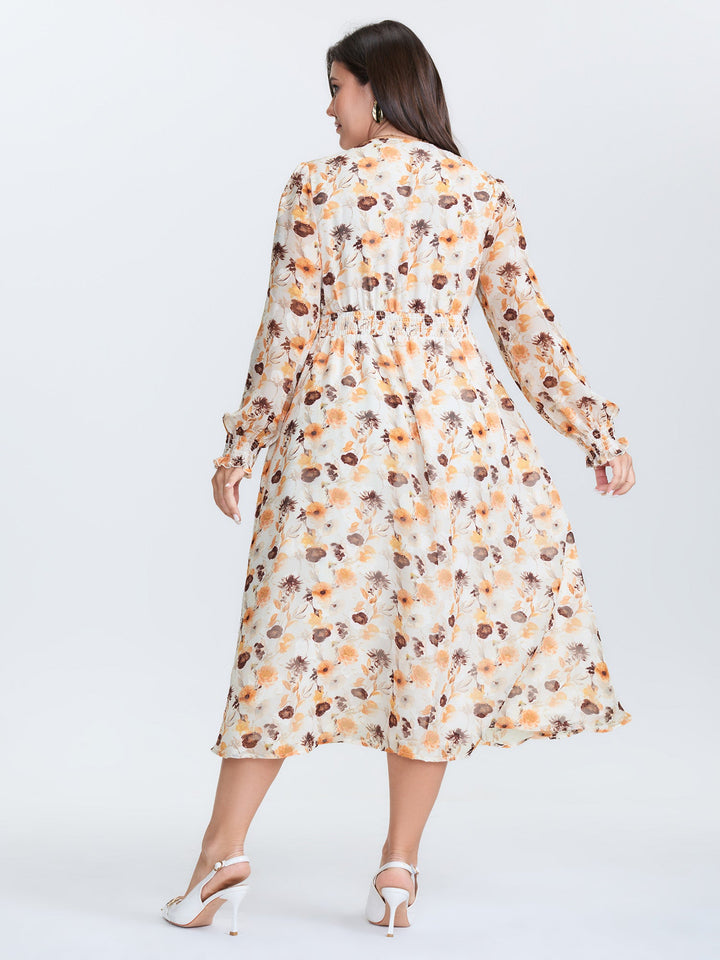 Chiffon Floral Print Shirred Waist Midi Dress
