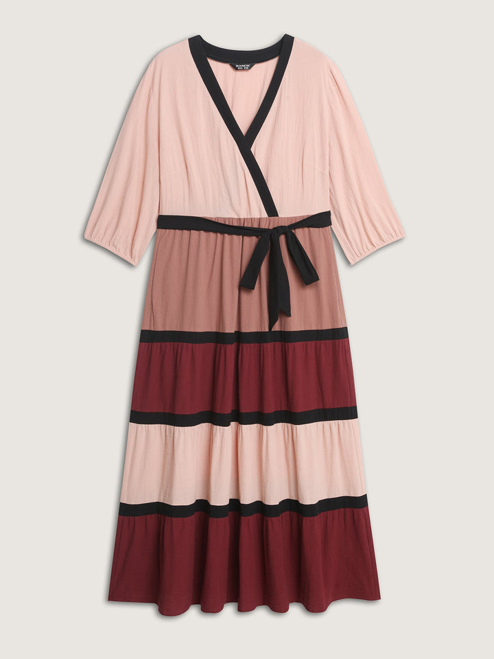 Cotton Colorblock Tiered Wrap Maxi Dress