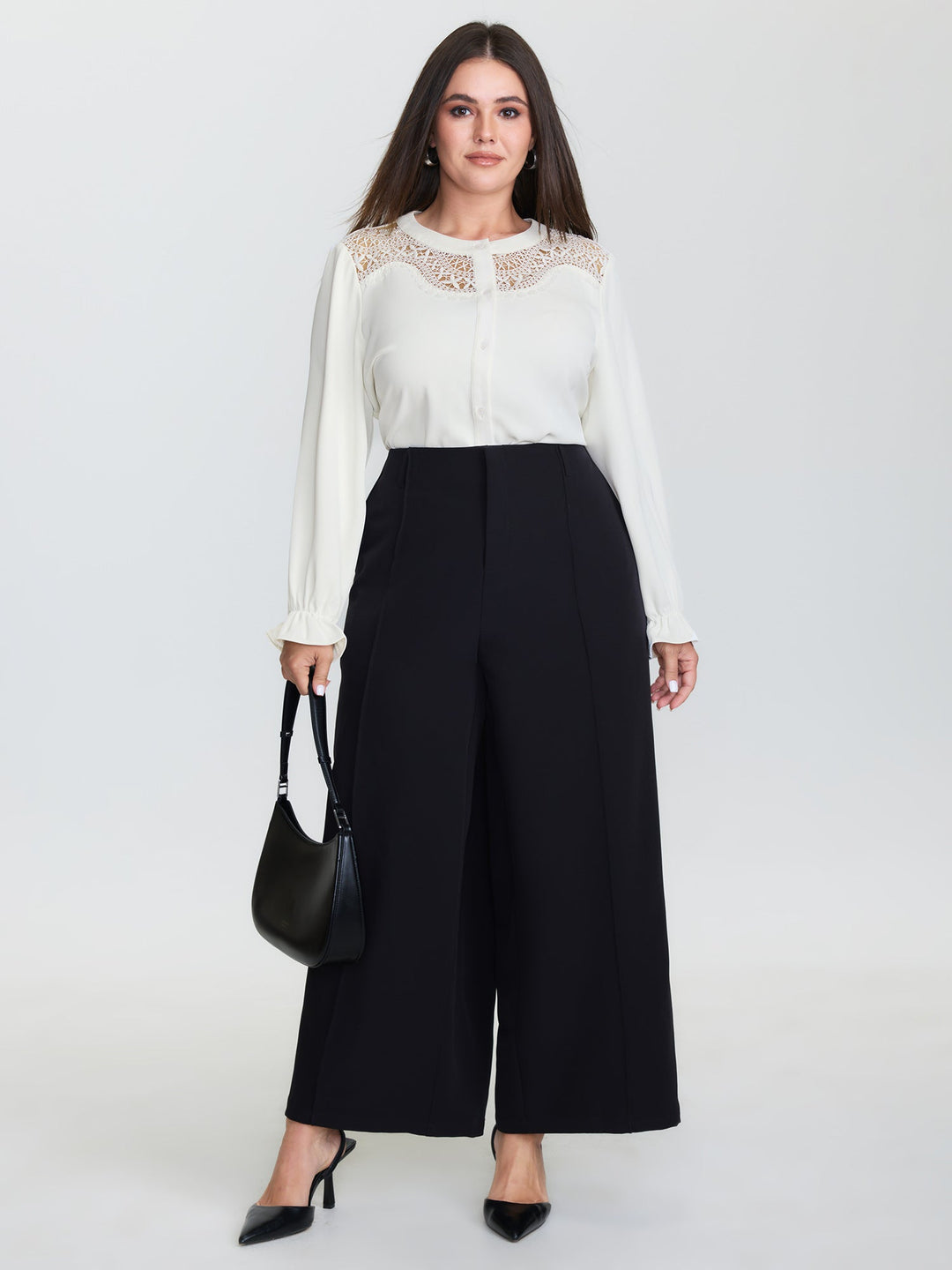 Sheer Neckline Ruffled Cuff Sleeve Blouse