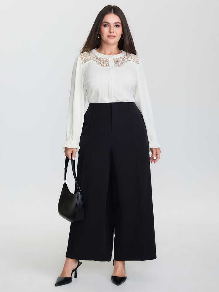 Sheer Neckline Ruffled Cuff Sleeve Blouse