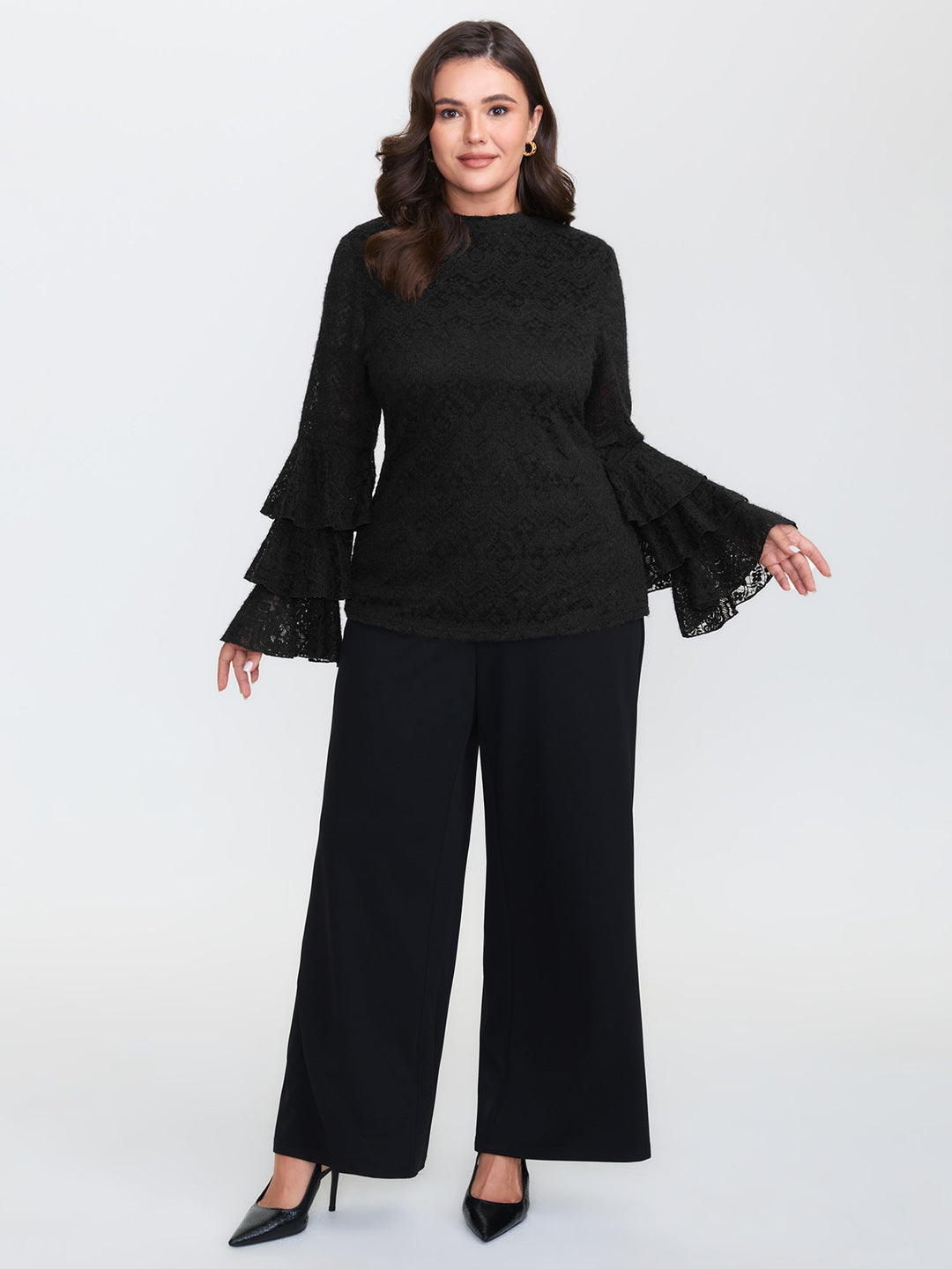 Stretchy Layered Sheer Lace Trim Knit Top