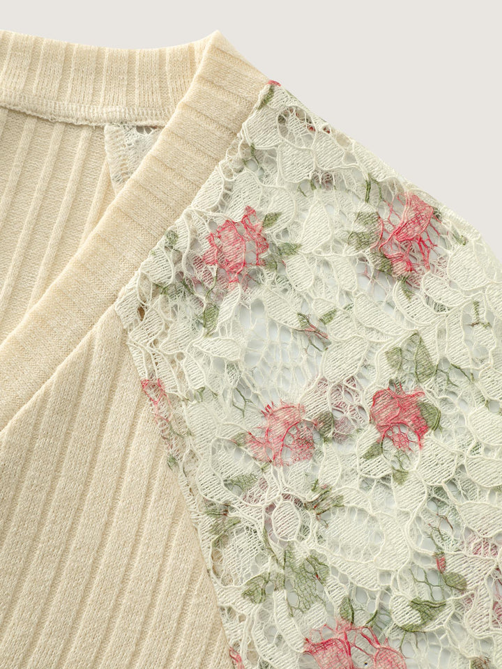 Floral Lace V-Neck Spliced Sweatshirt