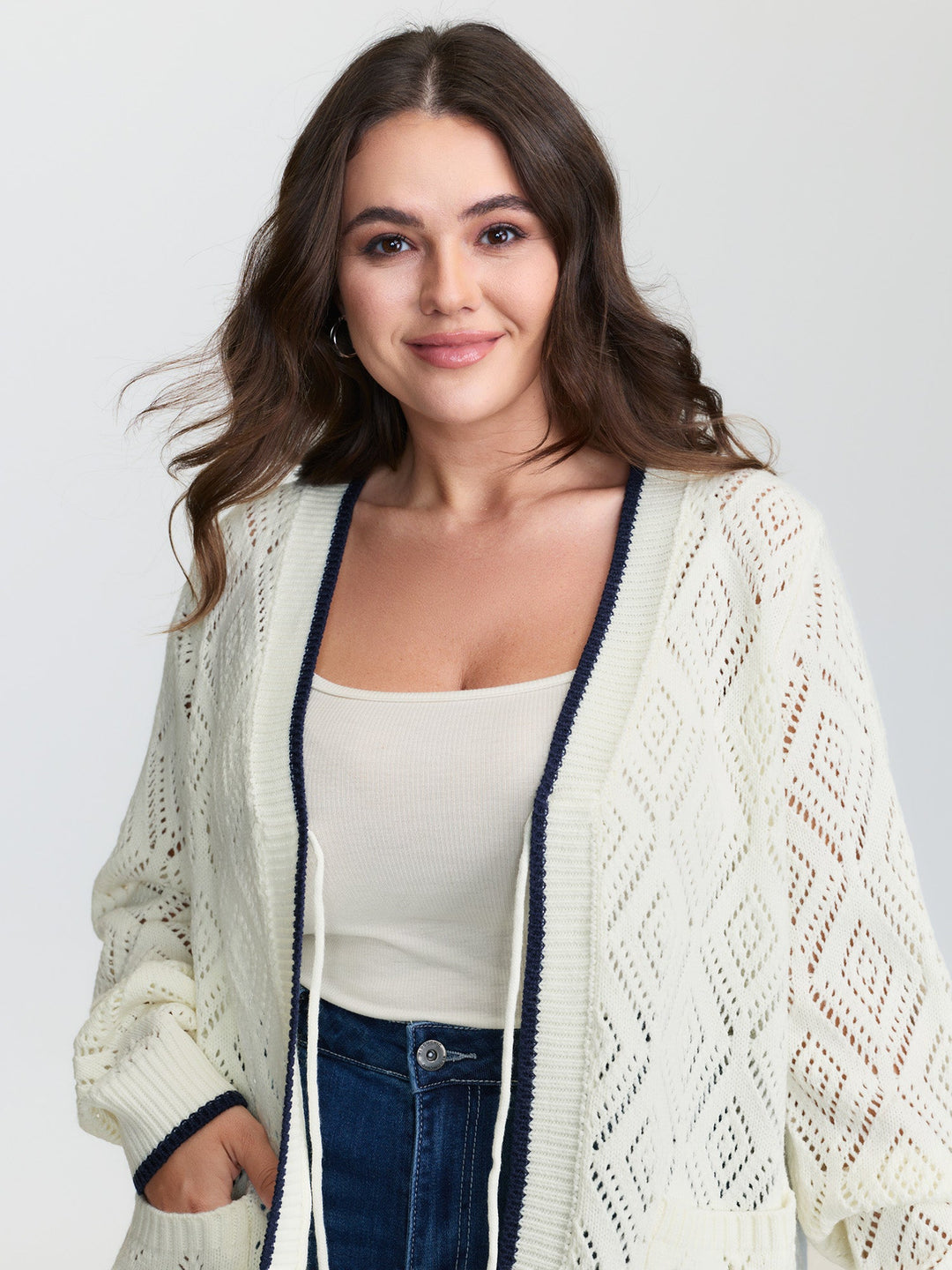 Textured Cut-Out Tie-Front Knit Cardigan