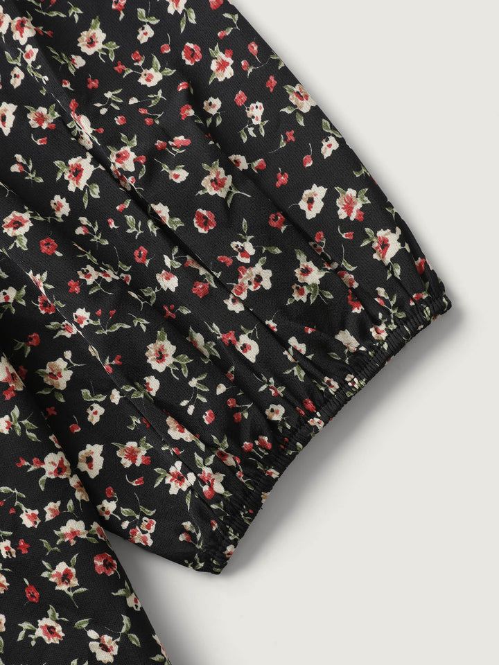 Floral Print Shirred Bodice Puff Sleeve Blouse