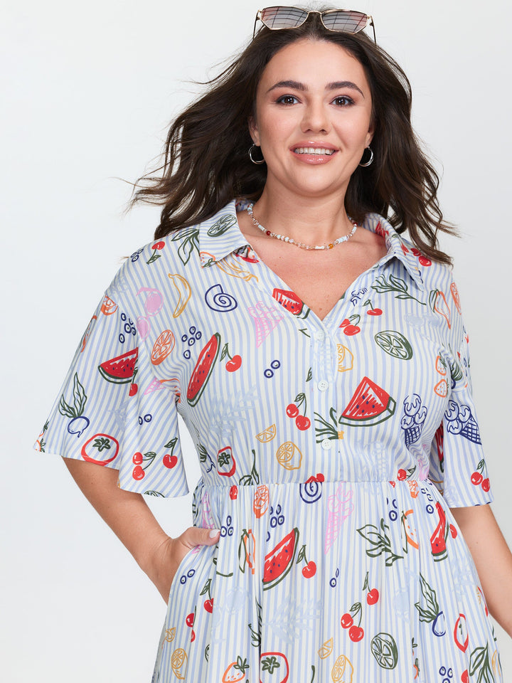 Supersoft Fruity Print Collar Tiered Maxi Dress