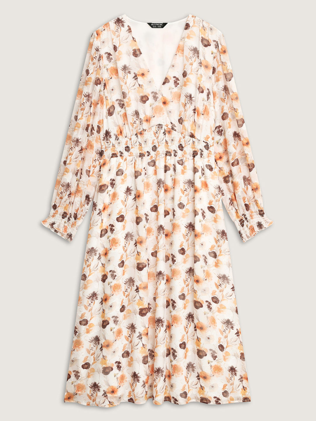 Chiffon Floral Print Shirred Waist Midi Dress