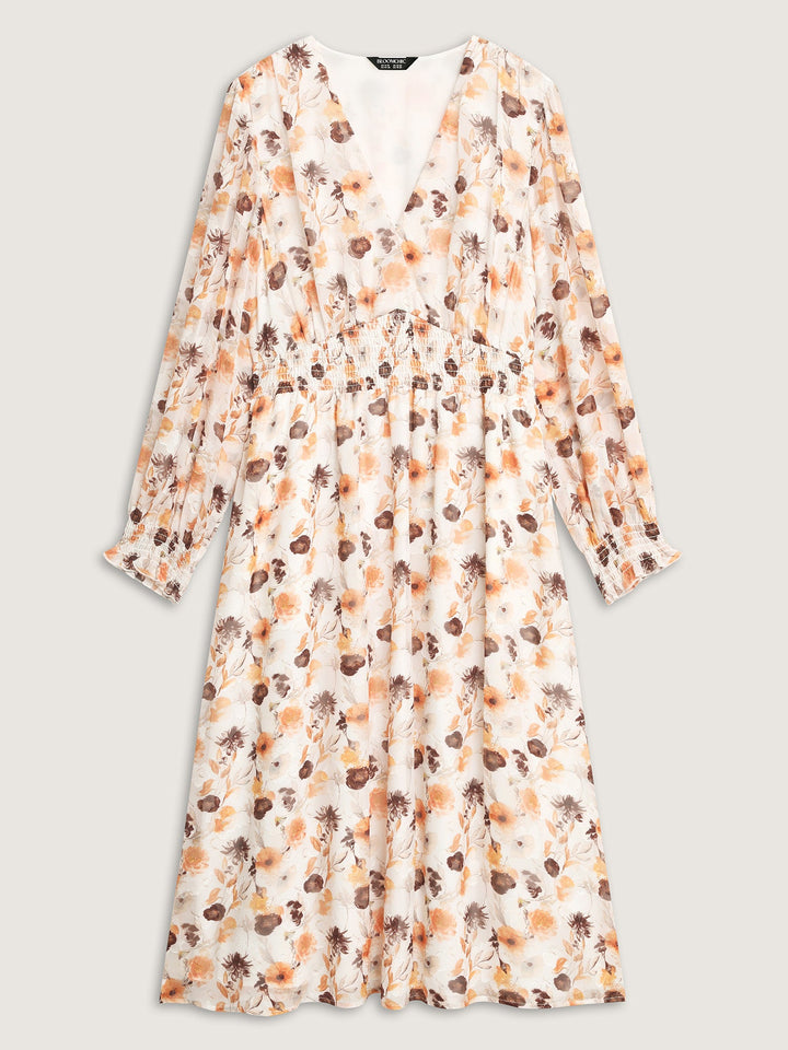 Chiffon Floral Print Shirred Waist Midi Dress
