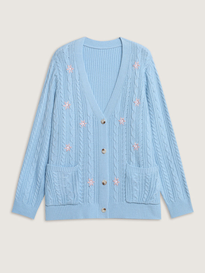Braided Texture Floral Embroidery Knit Cardigan