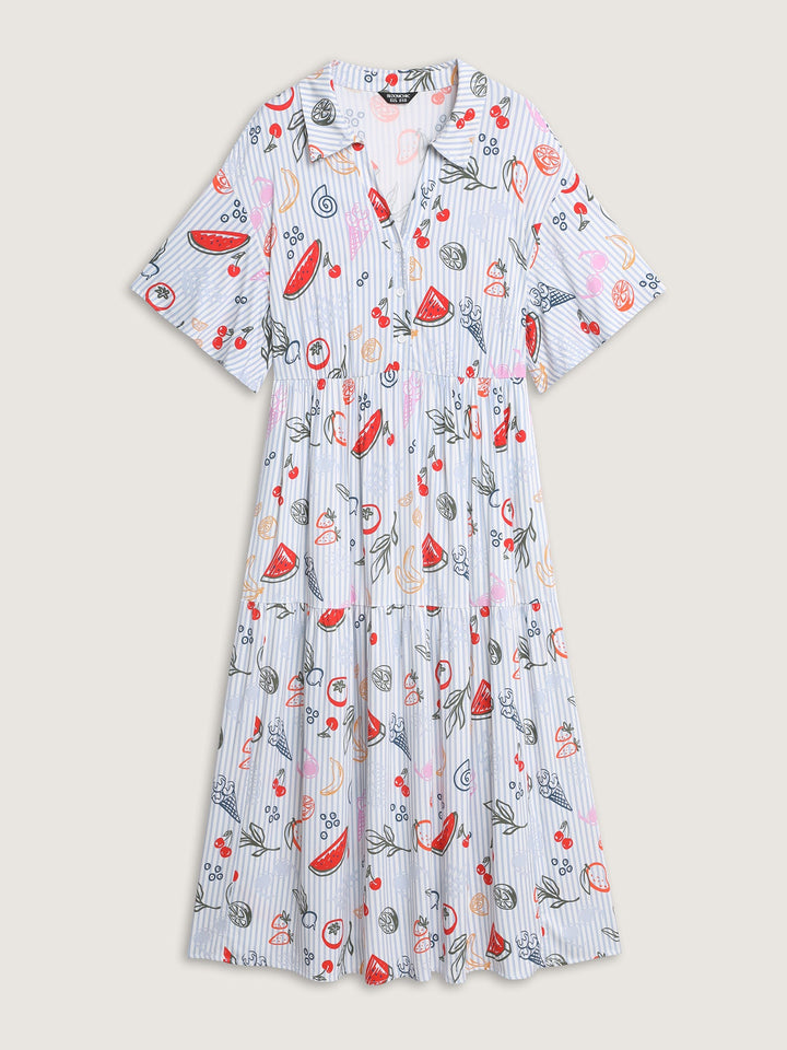 Supersoft Fruity Print Collar Tiered Maxi Dress