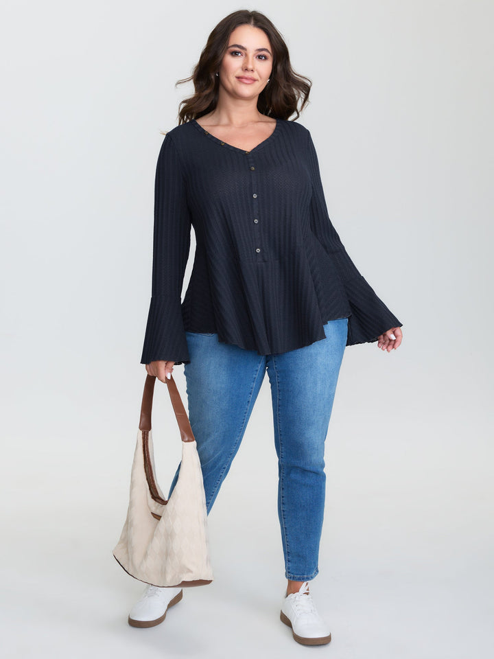 Waffle Textured Lotuf Leaf Hem Knit Top