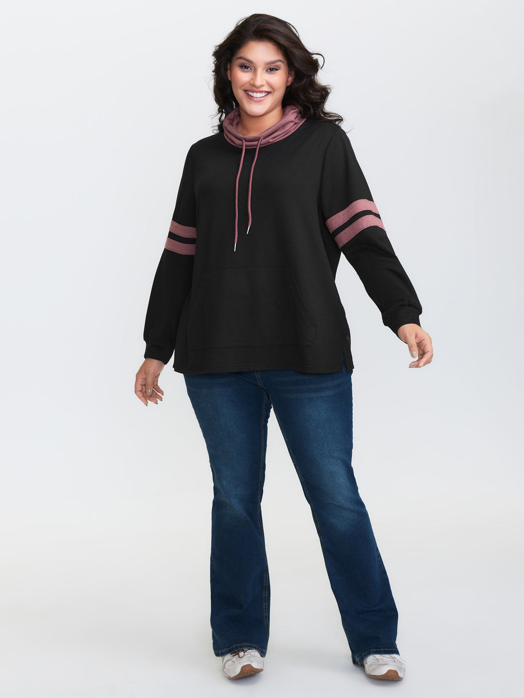 Stripe Color Contrast High Neck Sweatshirt