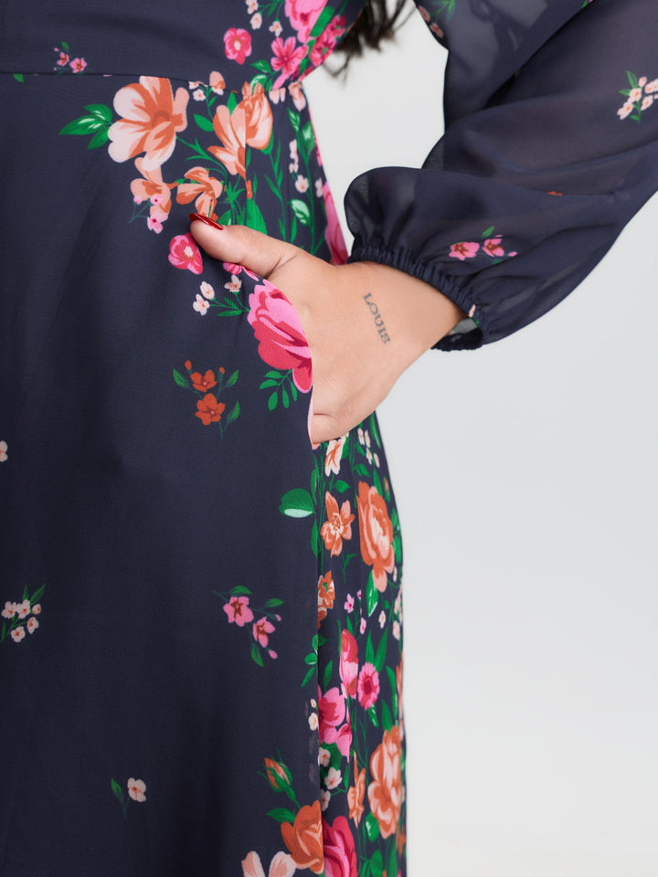 Keyhole Neckline Floral Print Midi Dress