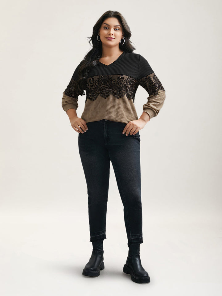 Crochet Lace Mesh Contrast Patchwork Top