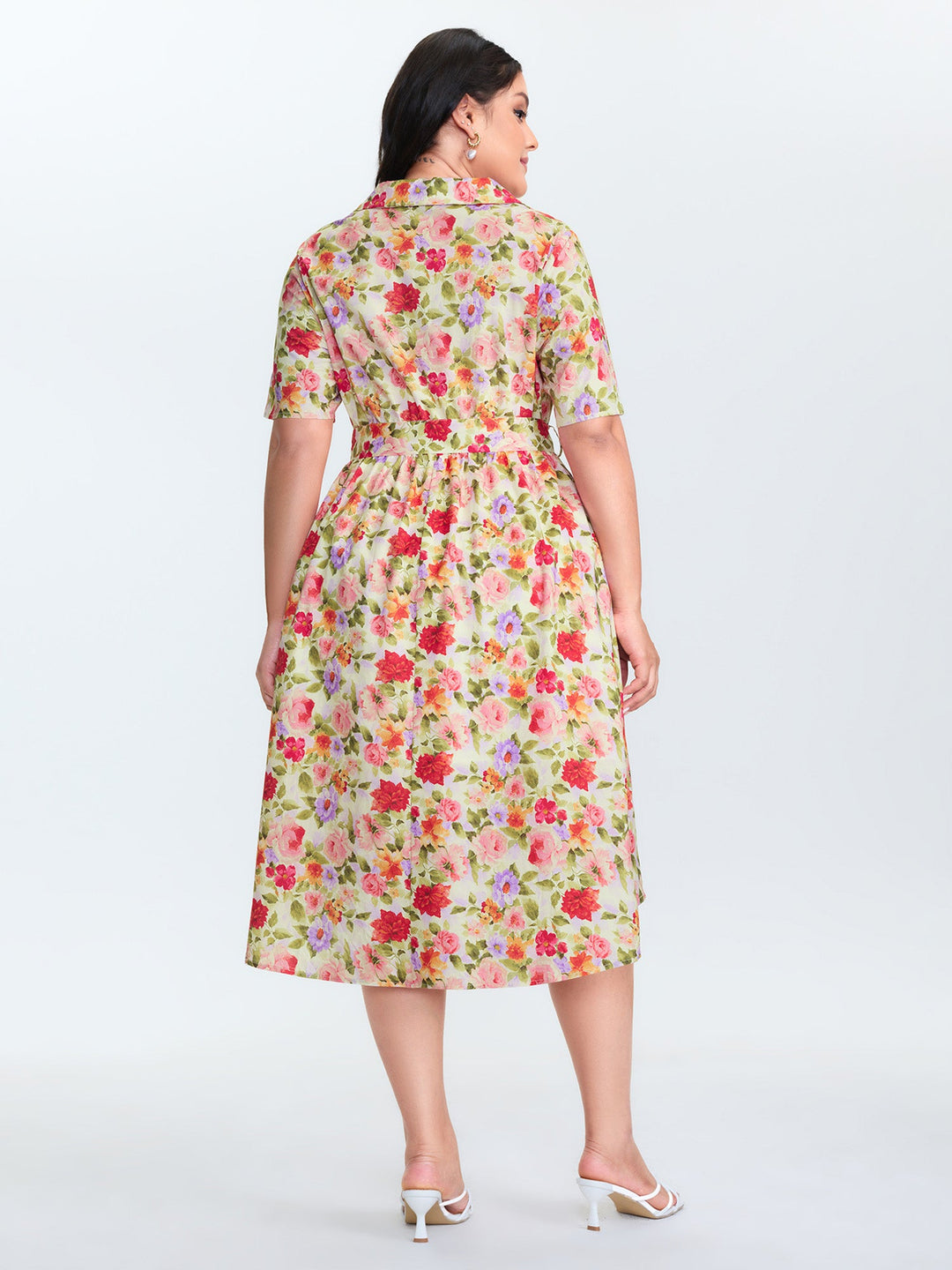 Cotton Bright Floral Belted Midi Dress