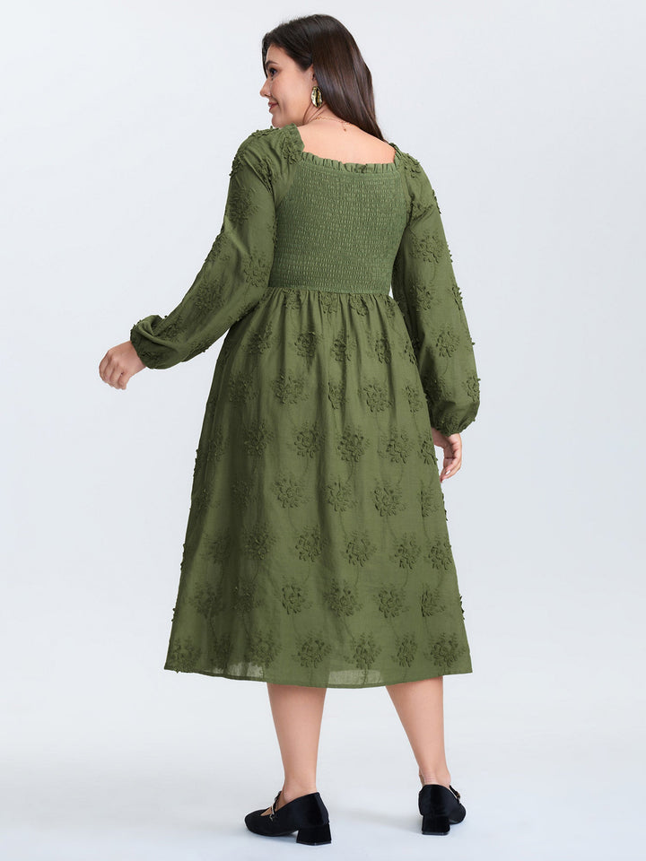 Textured Embroidery Shirred Square Neckline Midi Dress