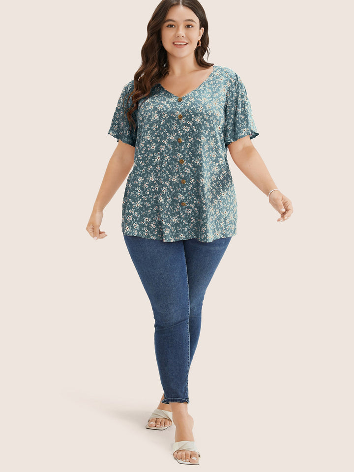 Ditsy Floral Contrast Ruffle Sleeve Button Detail Blouse