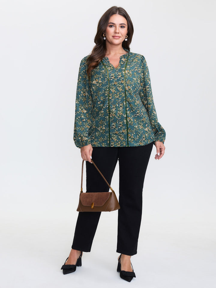 Floral Print Lace Trim Blouse