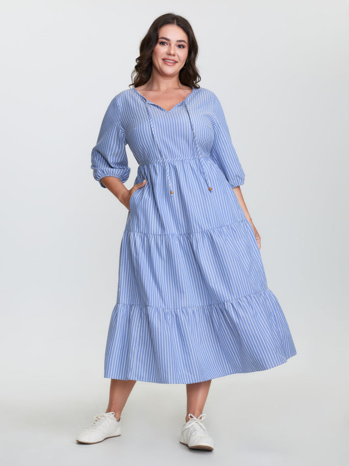Striped Neck-Tie Tiered Midi Dress