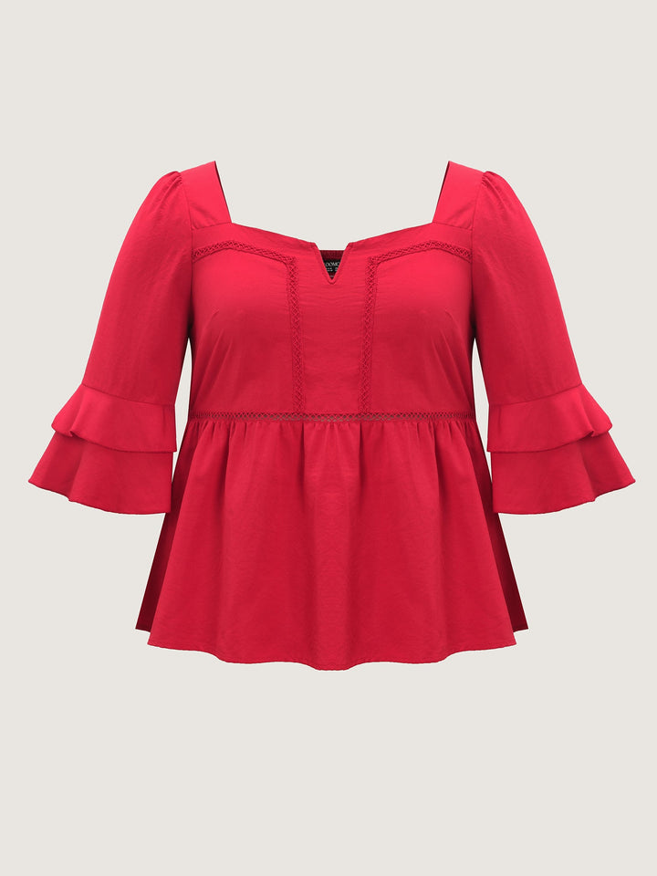 Lace Trim Shirred Back Flared Blouse
