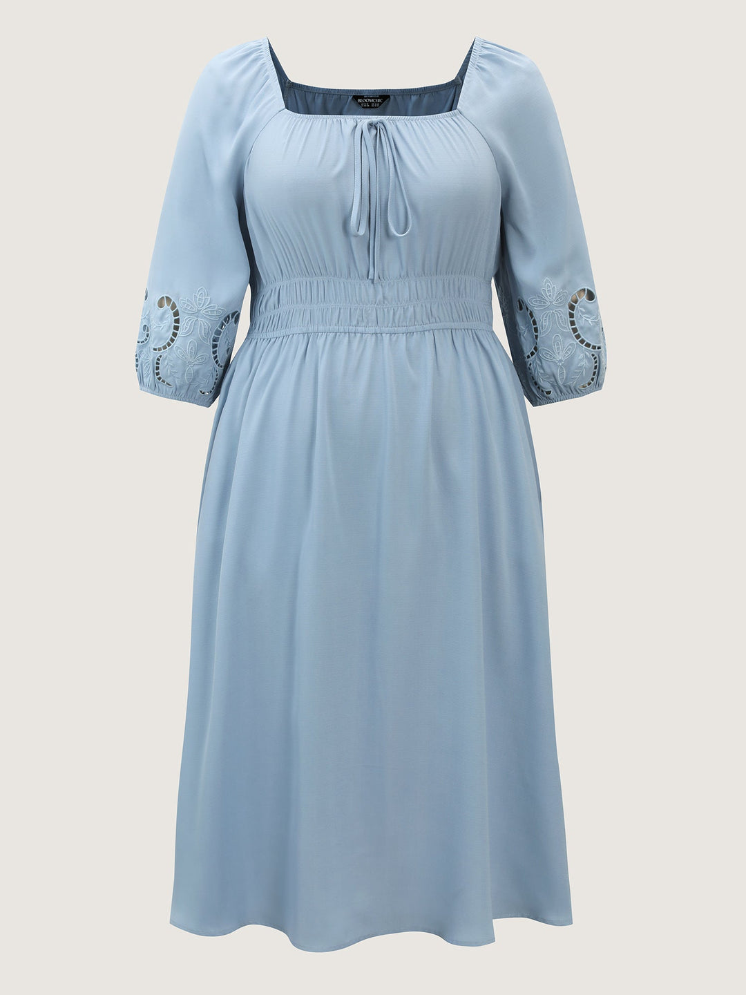 Floral Cut-Out Embroidery Stretchy Waist Midi Dress