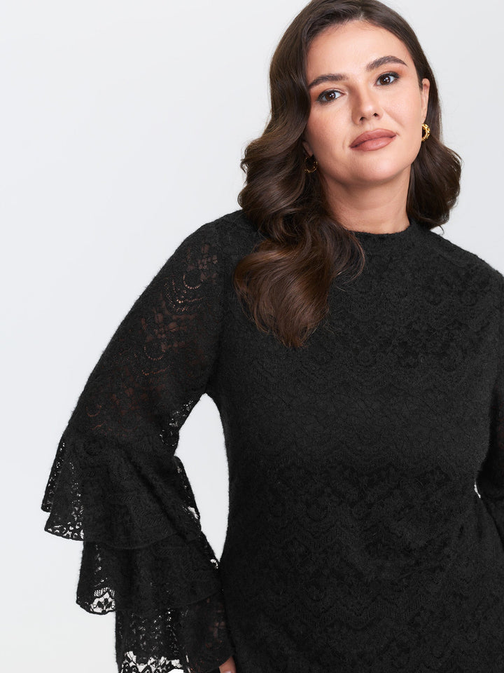 Stretchy Layered Sheer Lace Trim Knit Top
