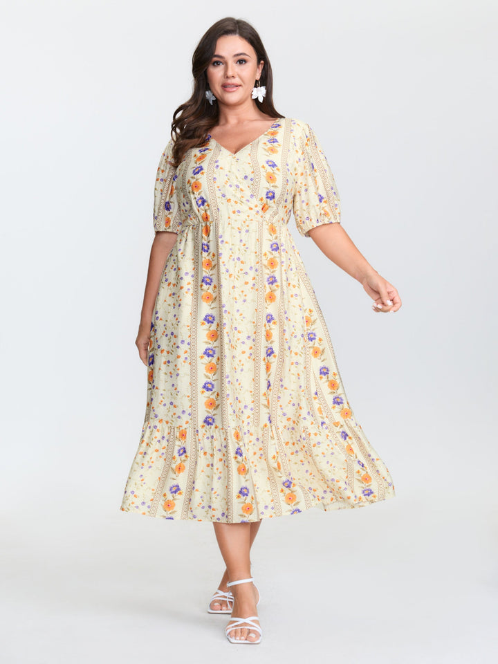 Floral Print Surplice Neck Tie Midi Dress